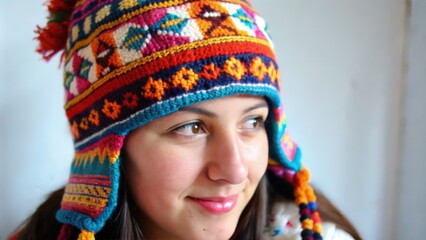 Woman Wearing a Colorful Knit Hat with Geometric Patterns