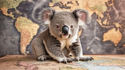 Obraz premium A baby koala sits comfortably on a world map, displaying its playful nature while engaging with the colorful representation of our planet. The setting evokes a sense of adventure