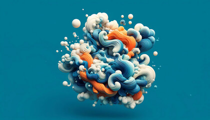 Abstract composition featuring swirling textures in shades of blue white and vibrant orange against a teal background. The forms appear fluid and dynamic resembling a splash