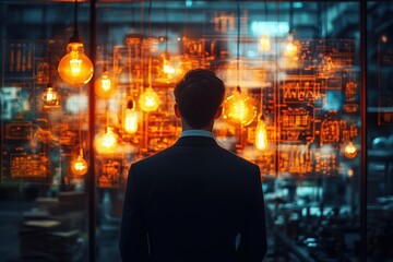 A Man of Vision:  A businessman in a suit stands before a wall of glowing light bulbs, his back to the camera, gazing into the future. The warm light illuminates the scene, creating a powerful visual 