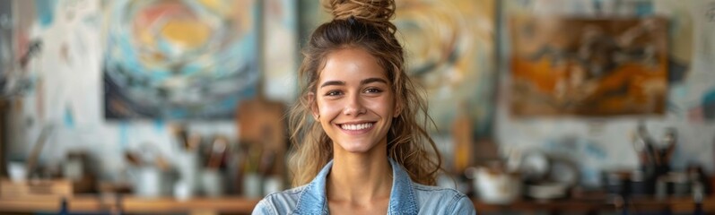 Fototapeta premium Smiling woman with messy bun in a blue shirt in front of a painting, art workshop