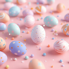 Abstract pastel Easter eggs scattered on a soft background.