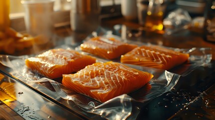Fresh salmon fillets neatly packaged in vacuum-sealed plastic, ready for sale or preparation, showcasing freshness and quality seafood. Ideal for content related to food markets, healthy eating,
