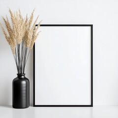 Stylish black vase with dried grass beside a blank frame on a light surface, perfect for modern decor and minimalistic design.