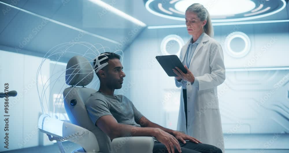 Poster Futuristic Laboratory: Doctor Monitors a Patient's Brain Scan Using Advanced Neuroimaging Technology, Diagnosing and Treating Neural Disorders, Enhancing Cognitive Function and Brain Health.