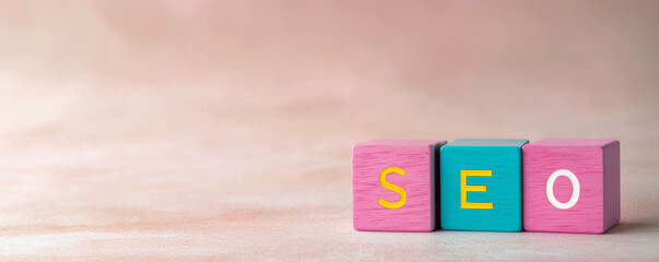 Colorful blocks spell out SEO, representing the importance of search engine optimization in digital marketing.