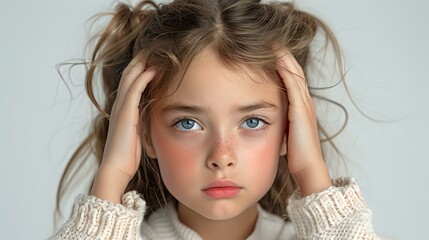 close-up portrait of a young girl with striking blue eyes, slightly messy hair, and a serious expression. She rests her hands on her head, wearing a cozy sweater