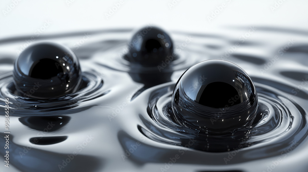 Poster macro shot of three black liquid spheres floating on a smooth, reflective surface, creating an abstr