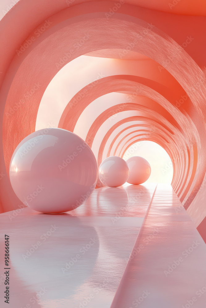 Poster surreal abstract corridor with glossy spheres, illuminated by soft light, creating a futuristic and 