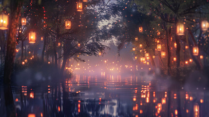  Floating lanterns in the air.