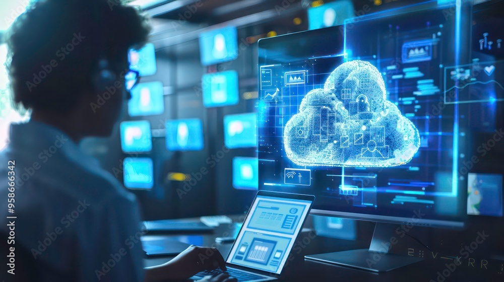 Poster a person working on a laptop with a large monitor displaying a digital cloud symbol with various dat