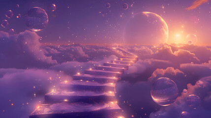 A surreal dreamscape, an endless staircase spiraling into the sky,