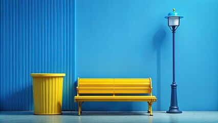 Obraz premium street lamp, vibrant, studio, urban, lighting, modern, design,yellow, A medium shot of a yellow bench with a street lamp and a bin against a vibrant blue studio background