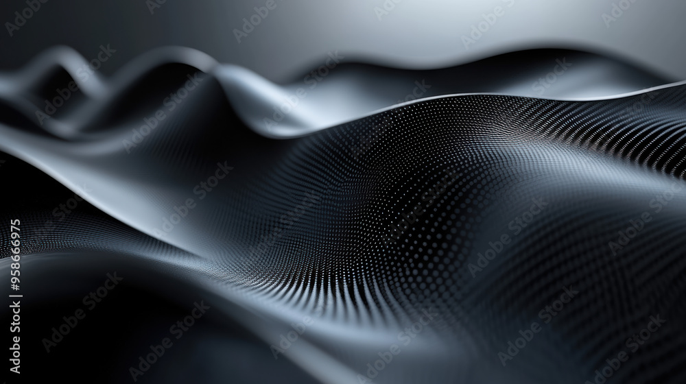 Poster abstract black waves with smooth curves and dotted texture, creating a modern and futuristic look. i