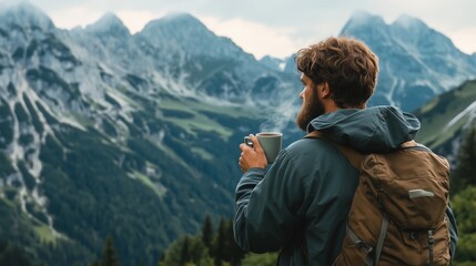 Naklejka premium A man enjoys a warm drink while gazing at breathtaking mountain peaks during a cloudy afternoon hike in nature