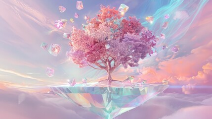Enchanting fantasy landscape with a floating tree island, surrounded by crystal elements and vibrant clouds
