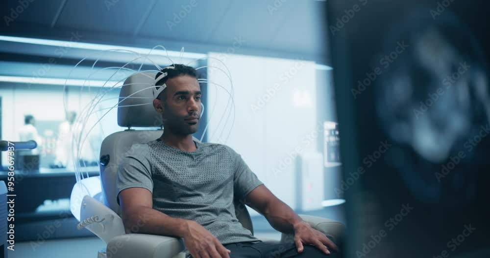 Leinwandbilder Portrait of Patient Conneted to Advanced Brain Scan in a Futuristic laboratory. Using High-tech Monitors and Sophisticated Neurological Devices for Precise Analysis. Pan Shot from Monitor to Patient