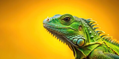 Fototapeta premium A vibrant stock photo featuring a green iguana standing out against a bright yellow background creating a visually striking forced perspective, texture, lizard, reptile, tropical, close-up