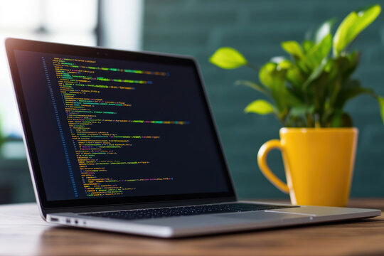Explore a modern programmer's workspace featuring a high-tech laptop and web development tools, highlighting intricate code snippets for coding enthusiasts.