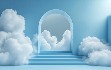 A dreamy blue staircase leads through an archway into a cloud-filled sky, capturing a surreal and serene atmosphere with soft, fluffy clouds.