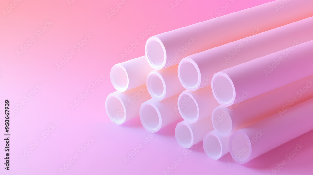 Poster abstract image of translucent tubes arranged in a pyramid shape on a soft gradient background, highl