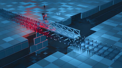 Change Management: A digital bridge being constructed over a gap, symbolizing the transition and adaptation in organizational change management.