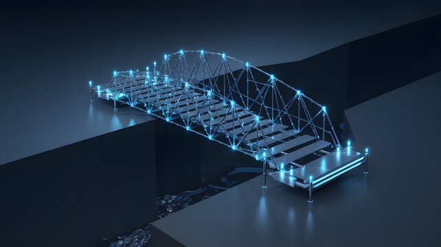 Change Management: A digital bridge being constructed over a gap, symbolizing the transition and adaptation in organizational change management.