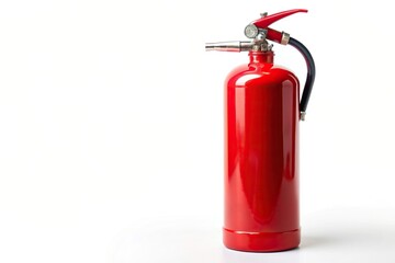 Obraz premium Red fire extinguisher isolated on a white background in macro view, firefighting tool, isolated, cylinder, pressure, firefighting equipment, emergency preparedness., canister