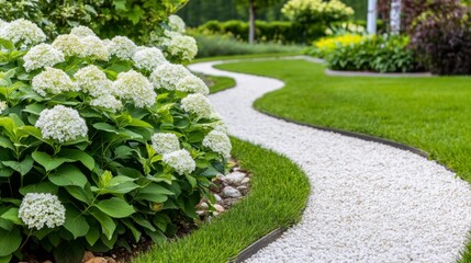 Fototapeta premium Serene Garden Pathway with Hydrangeas