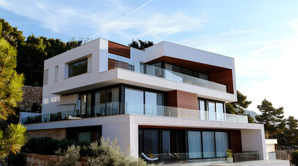 real estate agency ad template for cosial network post ,3d rendering of modern white house with blue sky in the background
