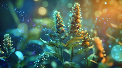 Hyper-detailed futuristic botanical illustration, medicinal herbs with holographic overlays, bioluminescent details, vibrant colors, healing properties highlighted