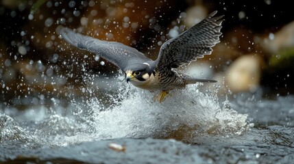 Obraz premium Peregrine Falcon in Flight Over Water