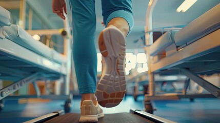 A person walking on a treadmill in a bright and modern rehabilitation center, showcasing dedication to fitness and recovery.