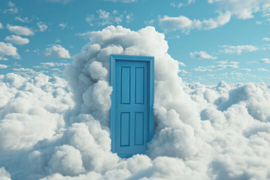 Surreal image of a blue door surrounded by fluffy clouds under a vibrant blue sky, symbolizing opportunity, imagination, and dreamlike adventures.