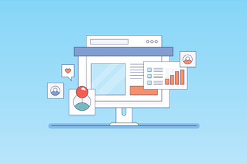 Local business SEO optimization, SEO for local business, SEO listing, Business listing analytics, Line vector illustration.