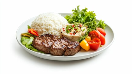 Grilled Steak with Rice, Vegetables, and Salad on a White Plate