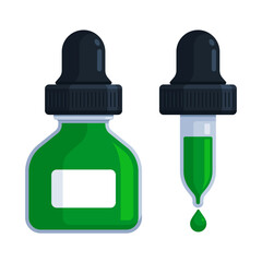 Dark green dropper bottle with pipette and droplet. Flat vector illustration isolated on white background with copy space. Ink, dye, colorant, tincture, reagent, essential oil, serum concept