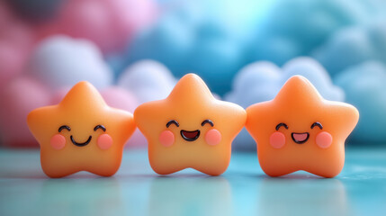 Fototapeta premium Three cute star-shaped toys with smiling faces, set against pastel-colored clouds, bringing joy and warmth in a whimsical setting.