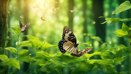 butterflies dancing in the forest in morning and green view