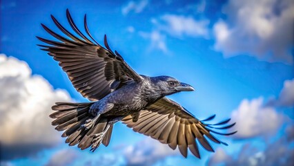 Obraz premium wings, freedom, bird in flight, isolated, close-up, bird, blue sky, flying sequence, graceful, crow, aerial, Close Up of an isolated crow flying gracefully against a vibrant blue sky