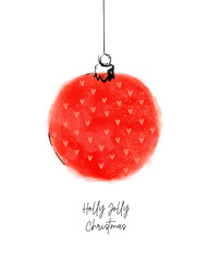 Christmas Vector Card with Red Bauble with Ornament Made of Hearts. Red Hand Drawn Christmas Tree Ball on a White Background. Holly Jolly Christmas. Winter Holidays Print. 