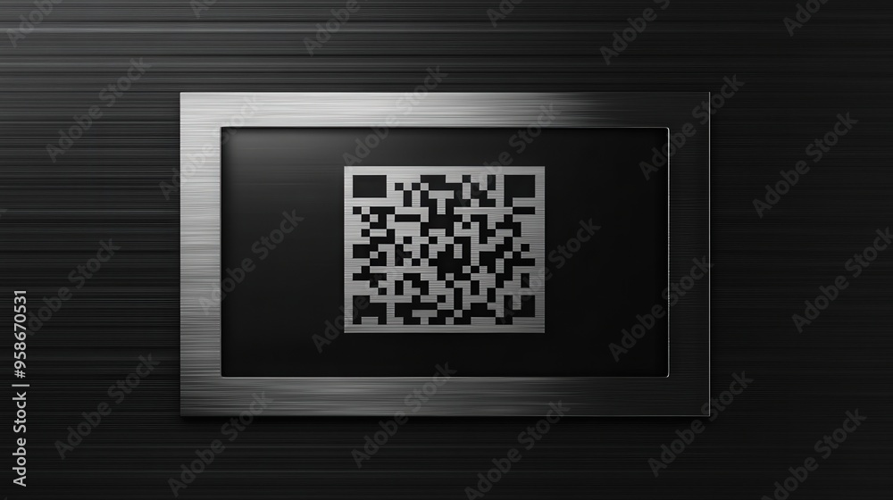 Poster a black and white qr code with a metallic border is prominently displayed against a dark backdrop, i