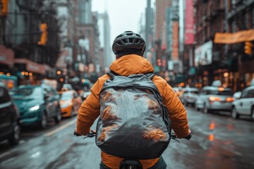 Obraz premium A cyclist wearing a backpack and helmet navigates through a bustling city street, surrounded by cars and high-rise buildings on a rainy day, showcasing urban life dynamics.