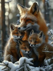 Obraz premium heartwarming scene of a red fox with its three adorable cubs nestled together in a snow-covered forest. The family exudes warmth, surrounded by winter foliage, symbolizing protection, nature