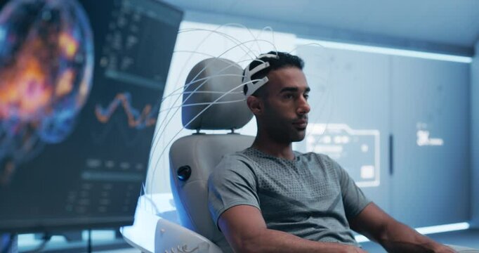 Innovative Brain Research in Futuristic Laboratory: Patient Wearing Headset for Advanced Neural Imaging. High-tech Display Shows Detailed Infographics of Brain Activity, Medical Science and Research