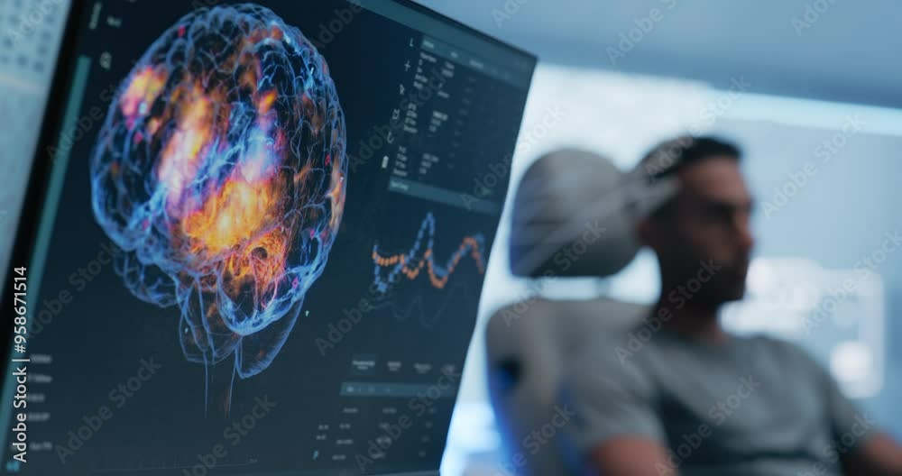 Poster futuristic laboratory: patient wearing headset, research shows brain activity during scanning. monit