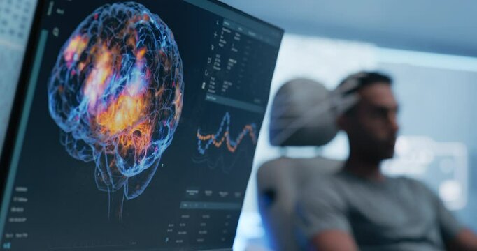 Futuristic Laboratory: Patient Wearing Headset, Research Shows Brain Activity During Scanning. Monitor and Display Show Illuminated Neural Pathways, Innovation in Cognitive Research and Diagnostics