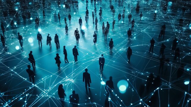 Digital silhouettes of people, intersection of technology and human interaction