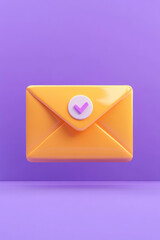  illustration of a yellow envelope with a checkmark on a purple background, representing email verification or approval notification.