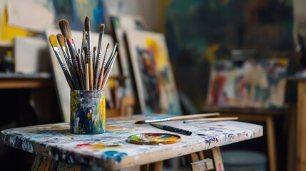 Artistic Workspace with Brushes